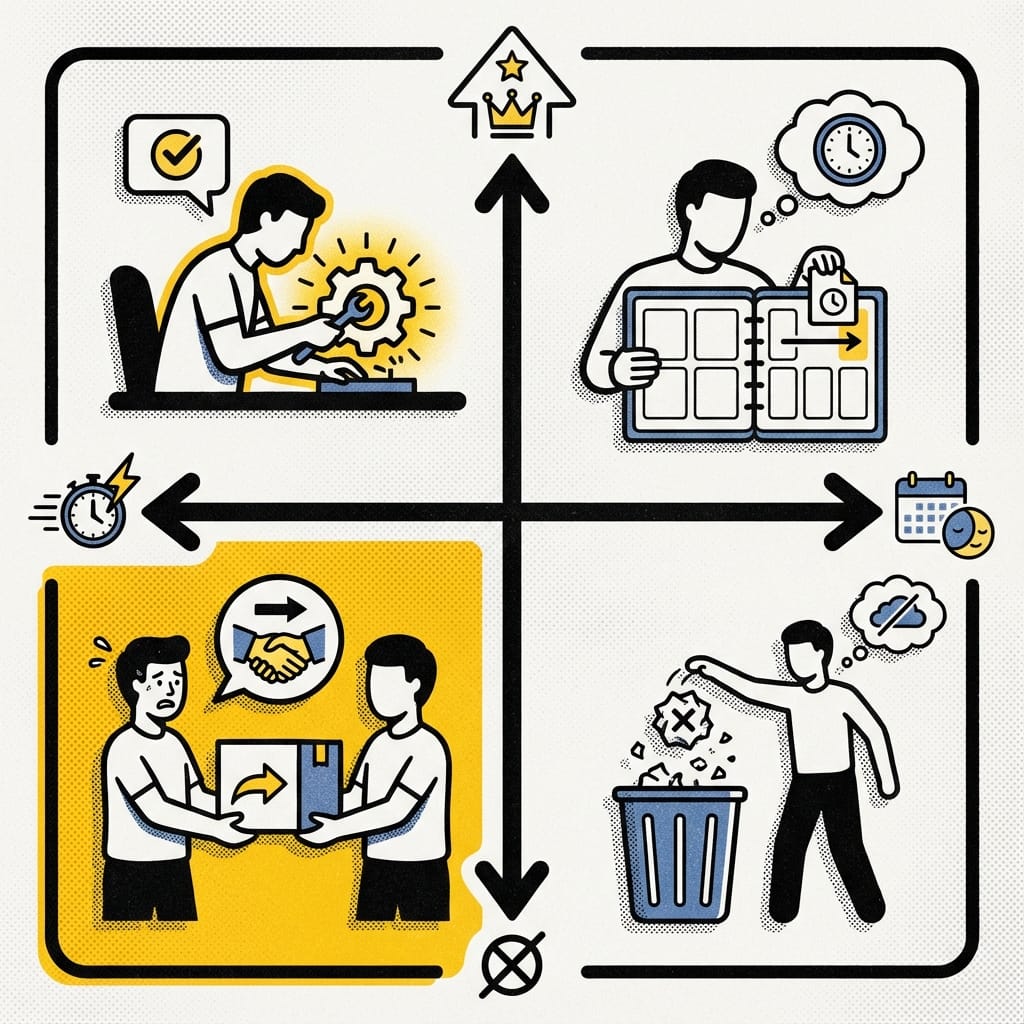 Minimalist Eisenhower Matrix 2×2. Axes: vertical — "Important / Not Important", horizontal — "Urgent / Not Urgent". Four quadrants with short labels: top left — "Do It Yourself", top right — "Schedule", bottom left — "Delegate" (highlighted with color or border), bottom right — "Delete". Colors: accent for the bottom left quadrant.