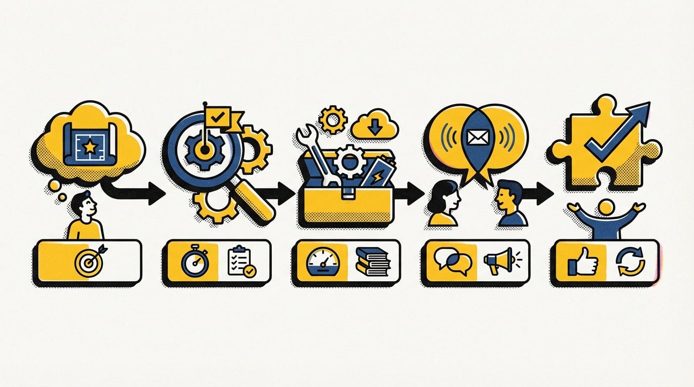 Horizontal process diagram with 5 steps: "Expectations → Checkpoints → Resources → Communication → Feedback". Each step—simple icon + short caption below. 